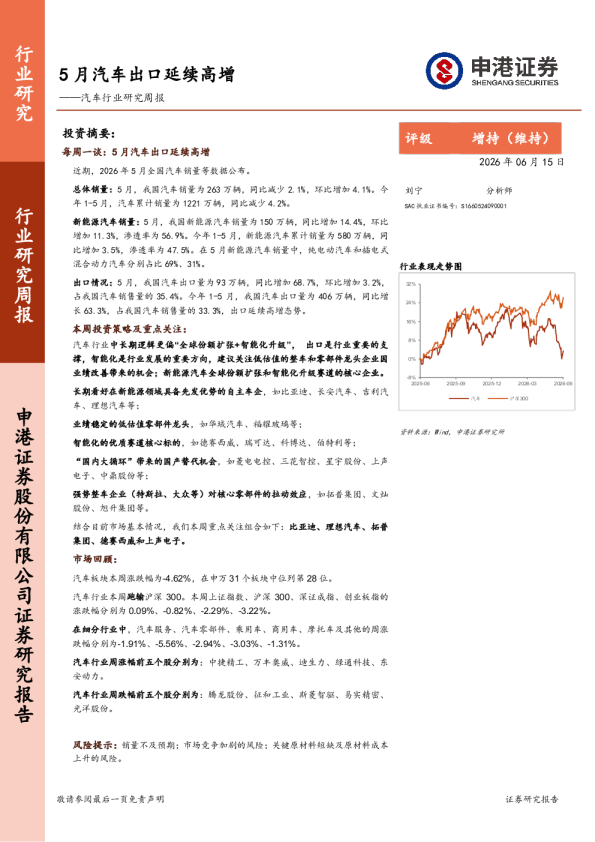 汽车行业研究周报：5月汽车出口延续高增