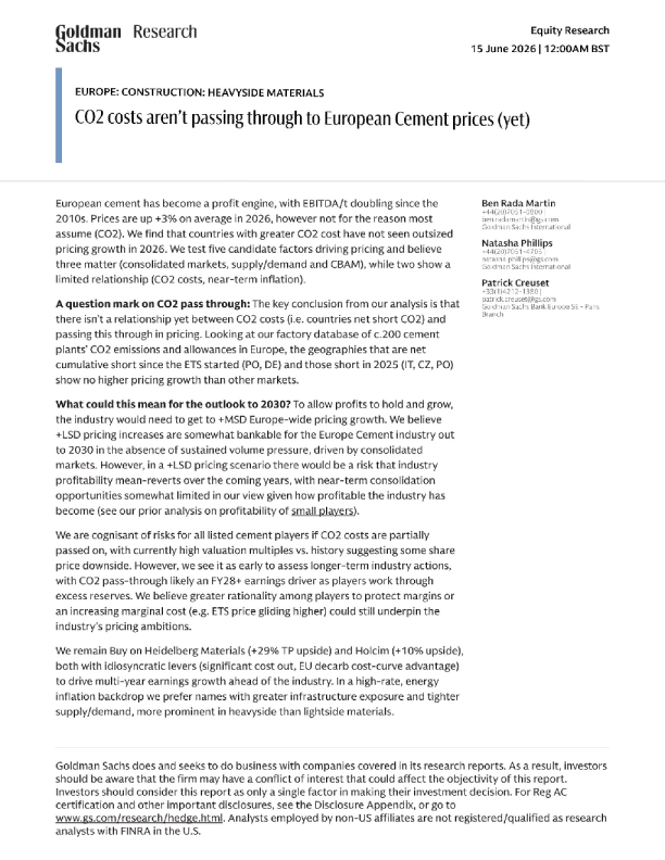 欧洲水泥价格尚未将CO₂成本转嫁出去
