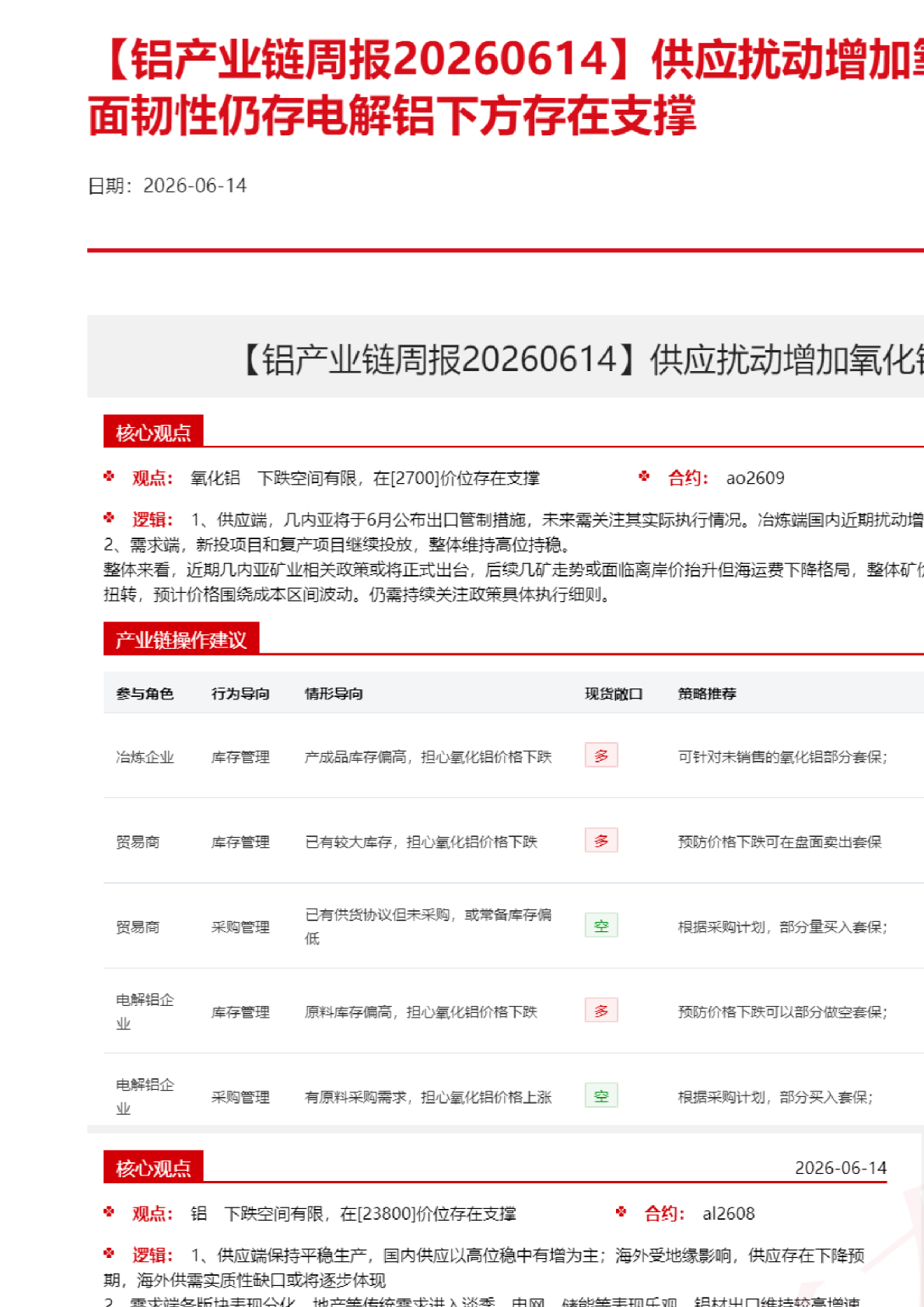 供应扰动增加氧化铝重心抬升基本面韧性仍存电解铝下方存在支撑