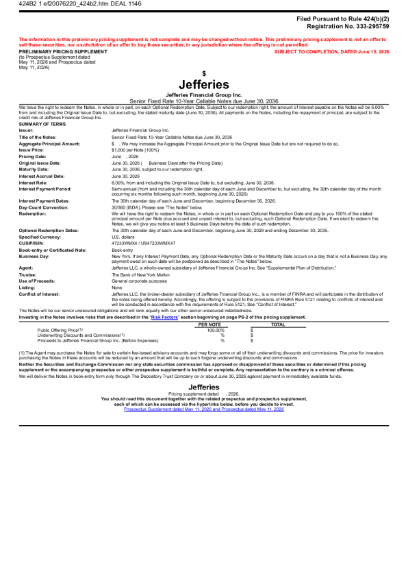 Jefferies Financial Group Inc 美股招股说明书（2026年6月16日版）