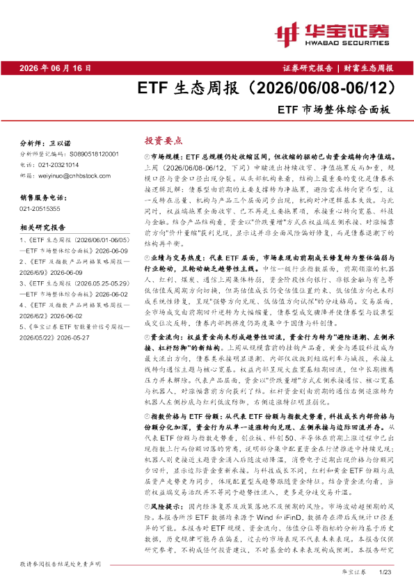 ETF生态周报（2026/06/08-06/12） ETF市场整体综合面板