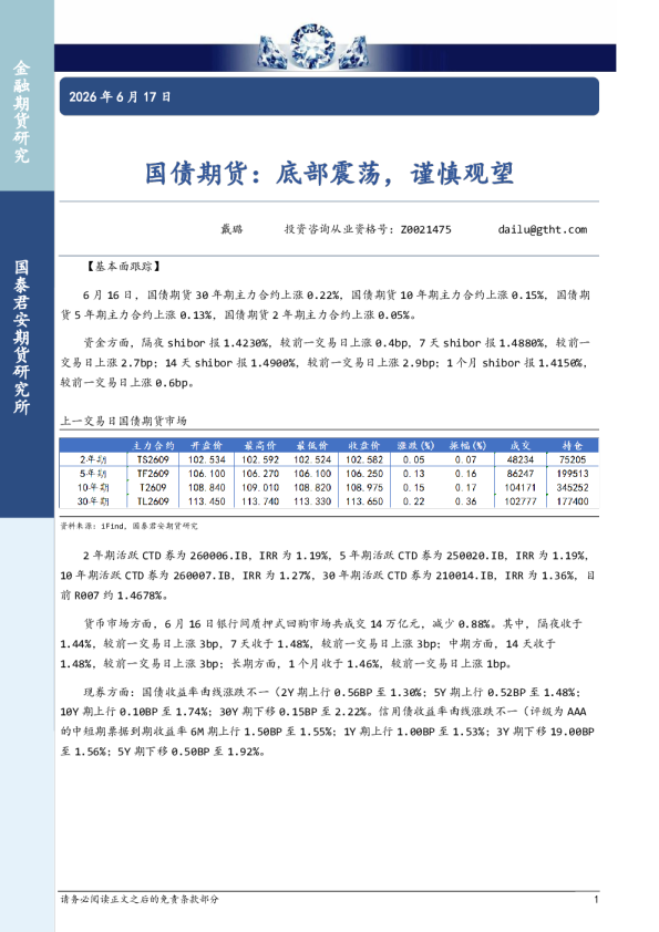 国债期货：底部震荡，谨慎观望