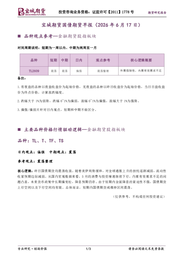 宝城期货国债期货早报（2026年6月17日）