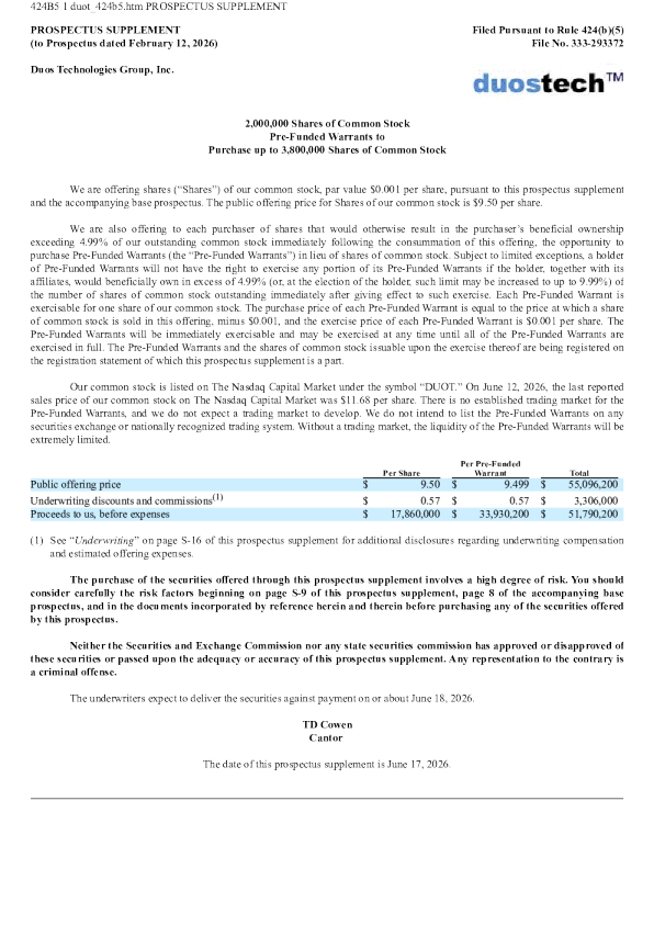 Duos Technologies Group Inc. 美股招股说明书（2026年6月17日版）