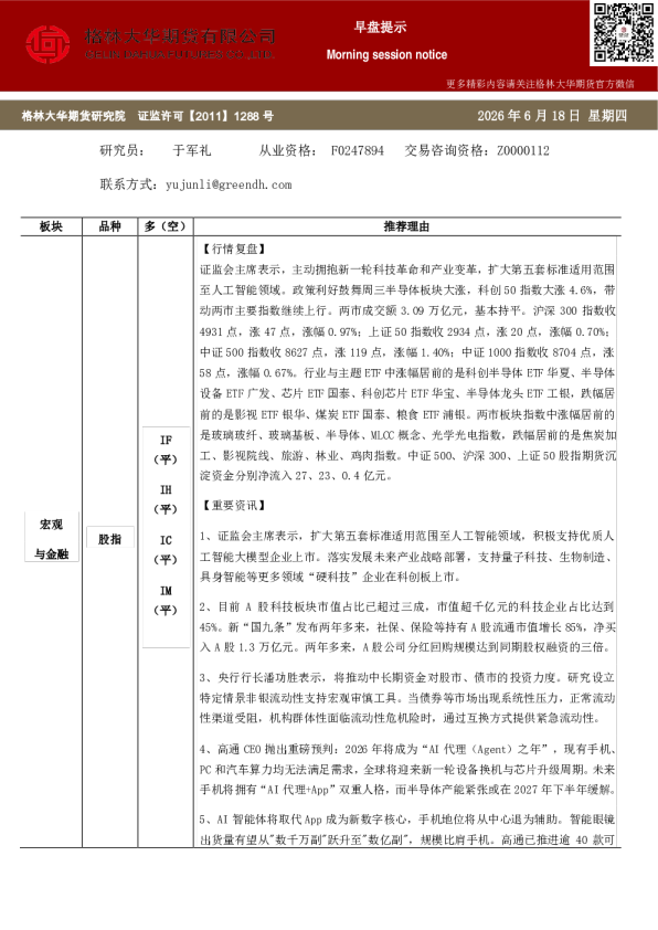 格林大华期市早班车--股指（20260618）