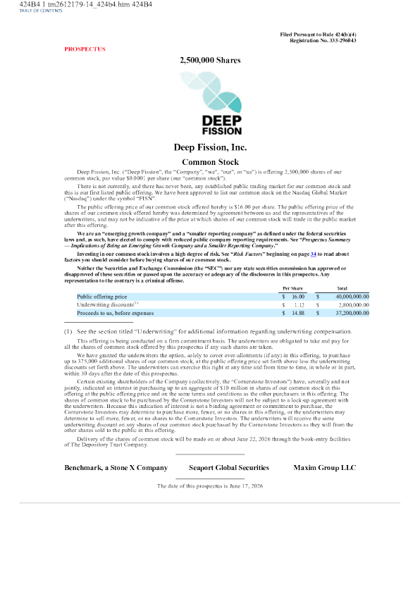 Deep Fission Inc美股招股说明书(2026-06-18版)
