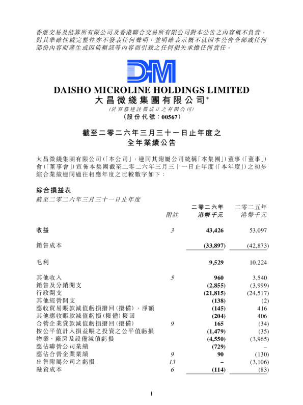 大昌微线集团：截至二零二六年三月三十一日止年度之全年业绩公告