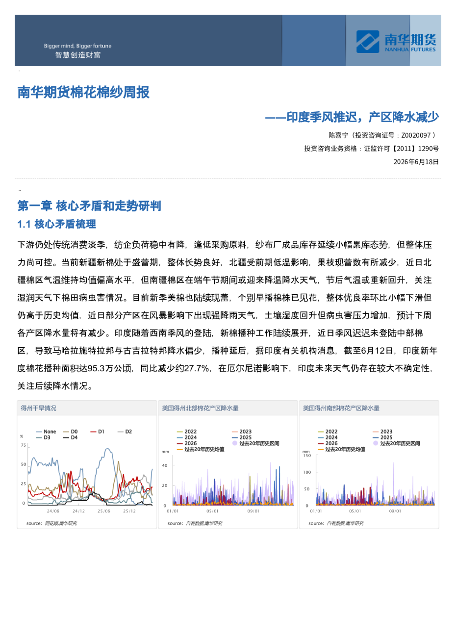 南华期货棉花棉纱周报：印度季风推迟，产区降水减少