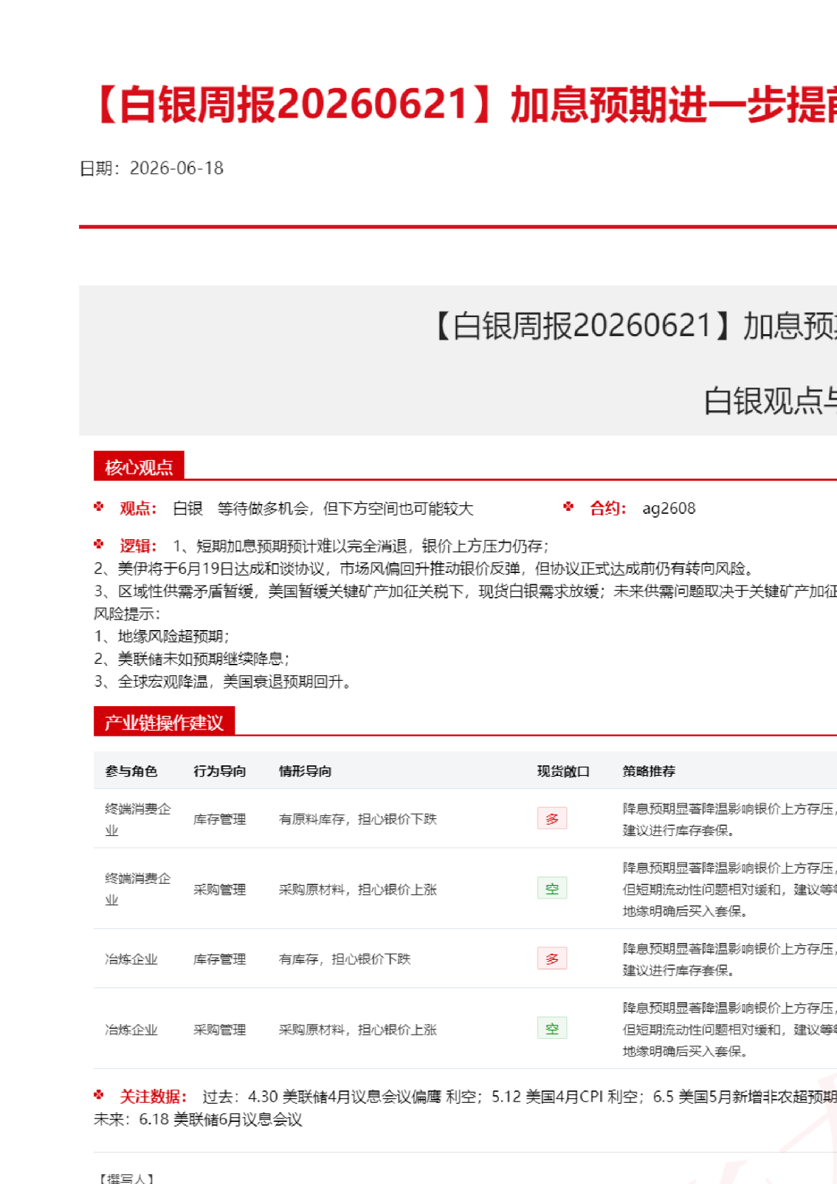 【白银周报】加息预期进一步提前，银价反弹后承压