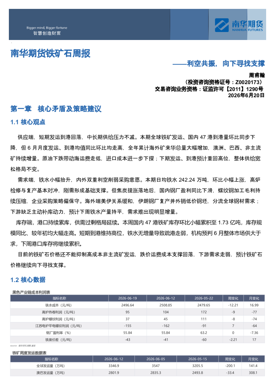 南华期货铁矿石周报：利空共振，向下寻找支撑20260620