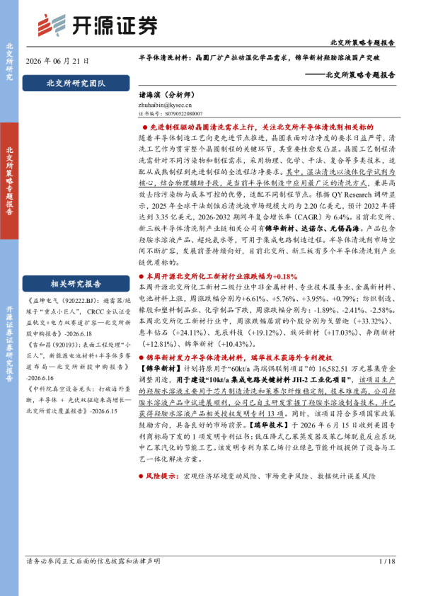 半导体清洗材料：晶圆厂扩产拉动湿化学品需求，锦华新材羟胺溶液国产突破