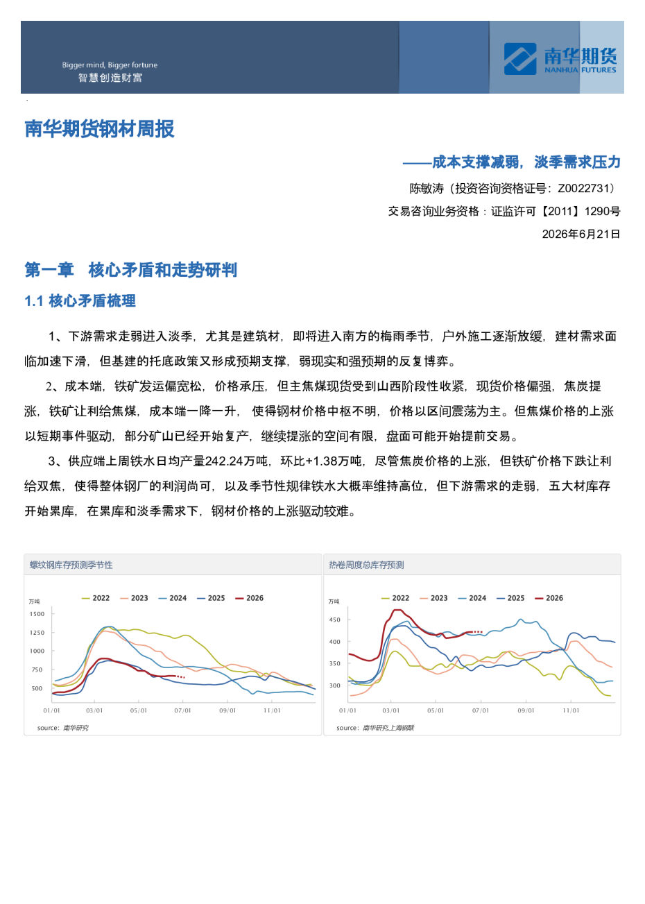 南华期货钢材产业周报：成本支撑减弱，淡季需求压力20260622