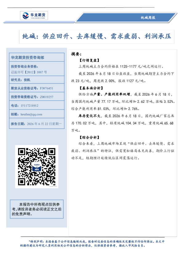 纯碱周报：供应回升、去库缓慢、需求疲弱、利润承压