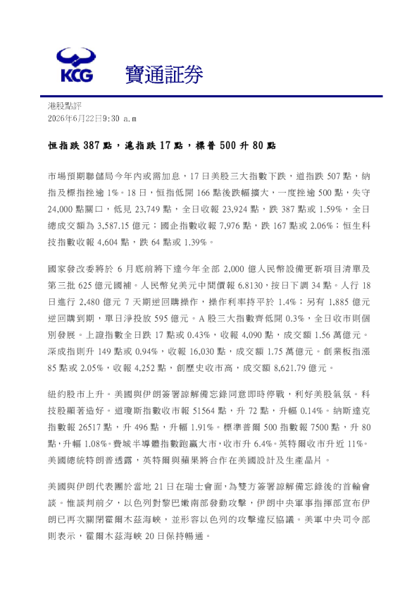 恒指跌387點，滬指跌17點，標普500升80點