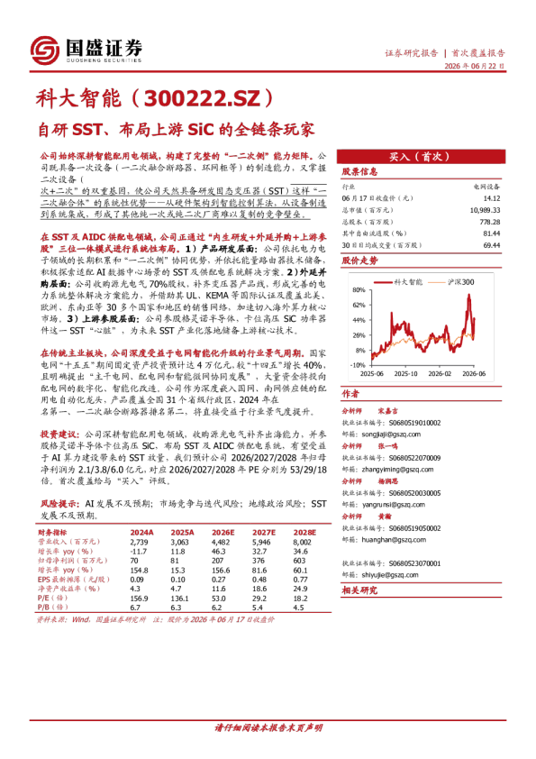 科大智能（300222.SZ）：自研SST、布局上游SiC的全链条玩家