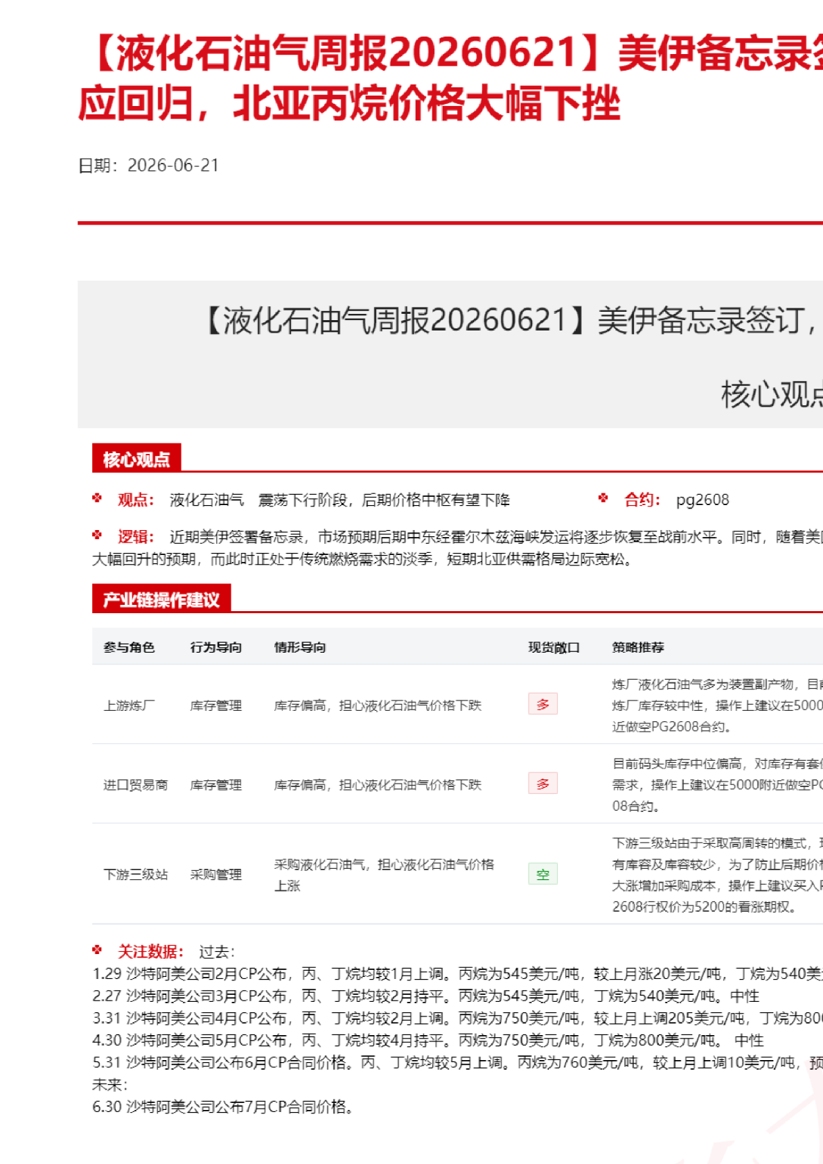 美伊备忘录签订，市场充分计价供应回归，北亚丙烷价格大幅下挫