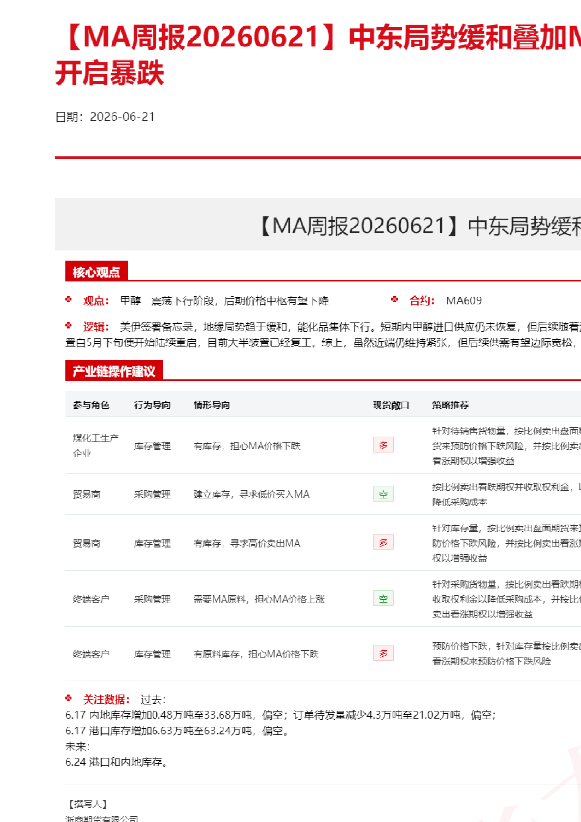 中东局势缓和叠加MTO装置停车，甲醇开启暴跌