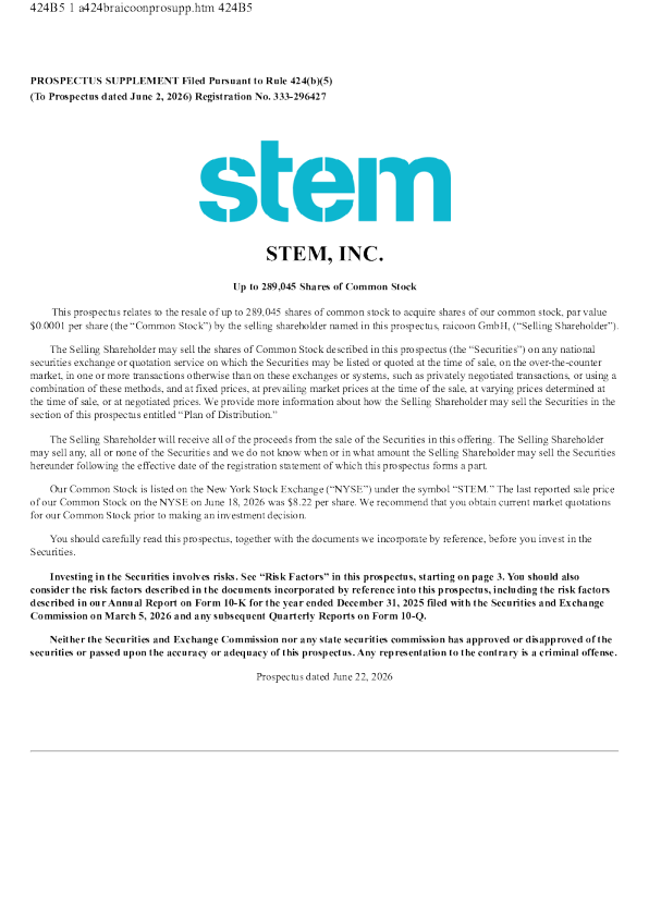 Stem Inc-A美股招股说明书(2026-06-22版)