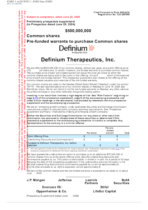 Definium Therapeutics Inc美股招股说明书(2026-06-22版)