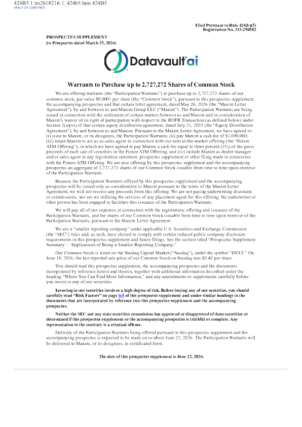 Datavault AI Inc美股招股说明书(2026-06-22版)
