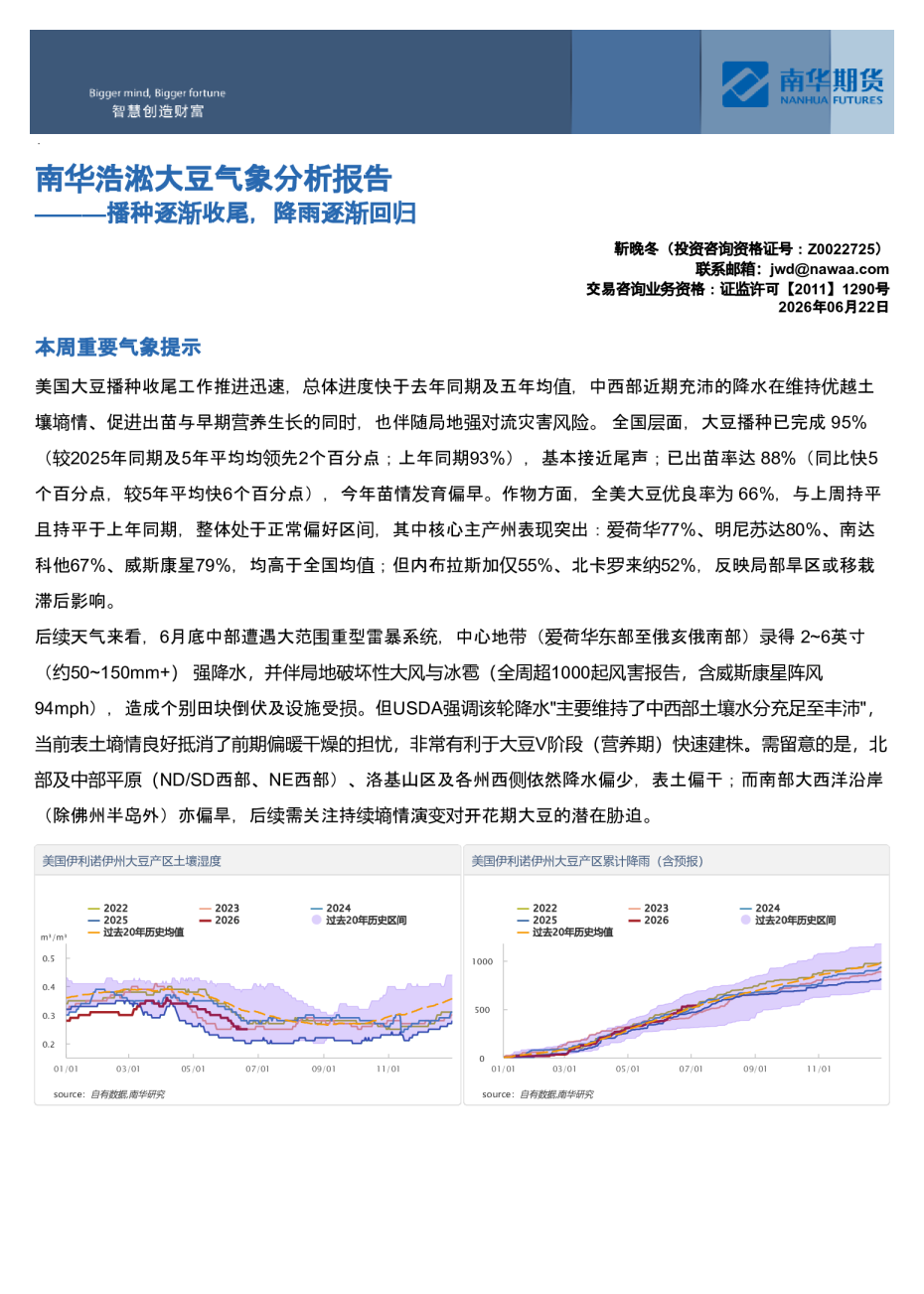 南华浩淞大豆气象分析报告：播种逐渐收尾，降雨逐渐回归