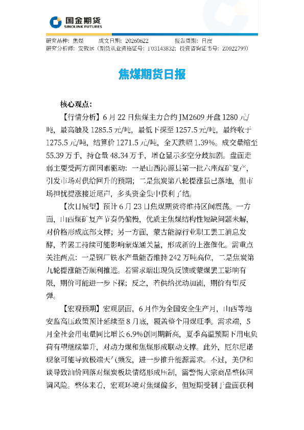 焦煤期货日报