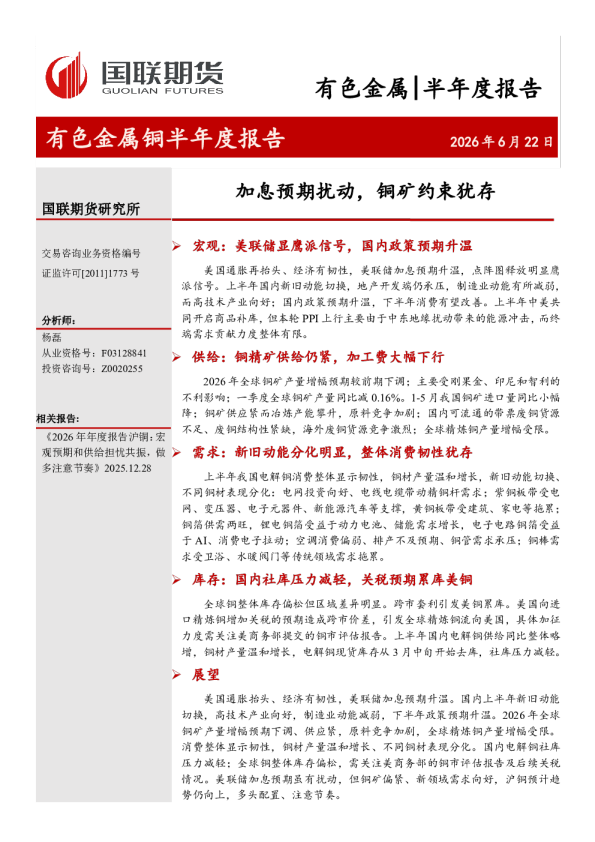 加息预期扰动，铜矿约束犹存：有色金属铜半年度报告