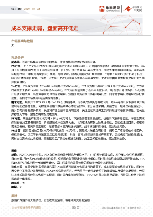 化工日报：成本支撑走弱，盘面高开低走