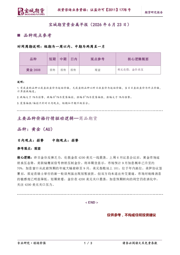 宝城期货贵金属早报（2026年6月23日）