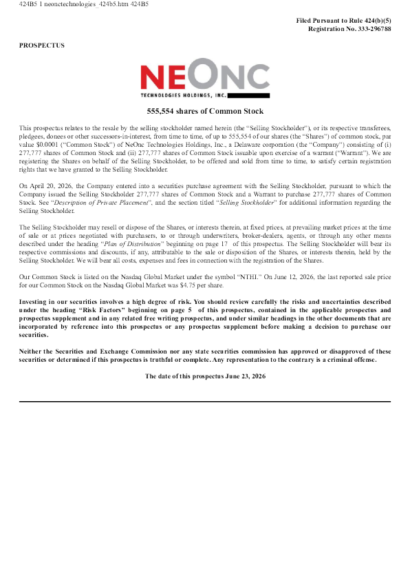 NeOnc Technologies Holdings Inc美股招股说明书(2026-06-23版)