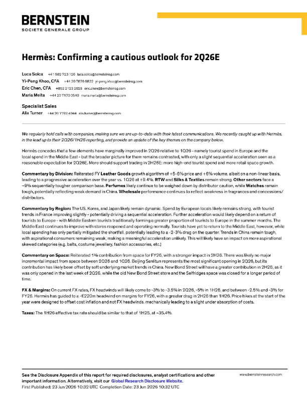 爱马仕2026年第二季度谨慎前景确认