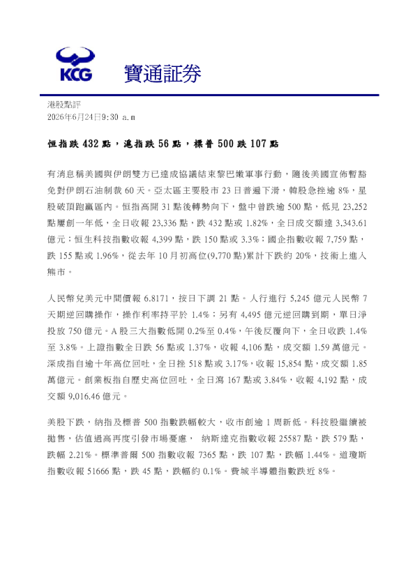 恒指跌432點，滬指跌56點，標普500跌107點