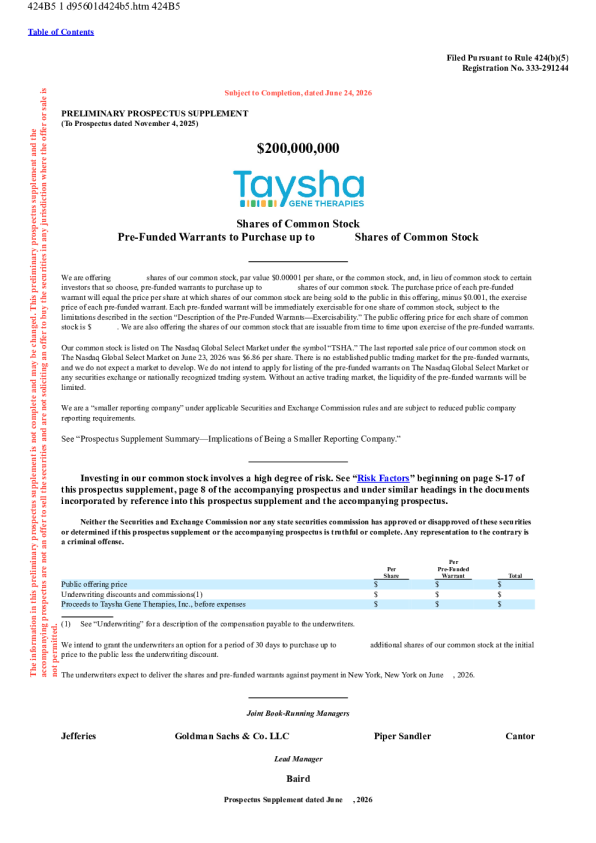 Taysha Gene Therapies Inc美股招股说明书(2026-06-24版)
