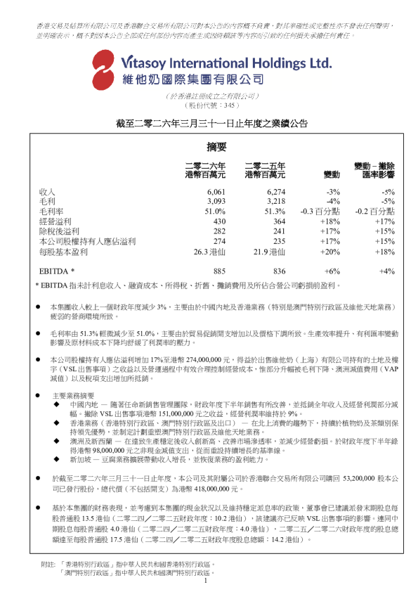 VITASOY INT'L：截至二零二六年三月三十一日止年度之业绩公告