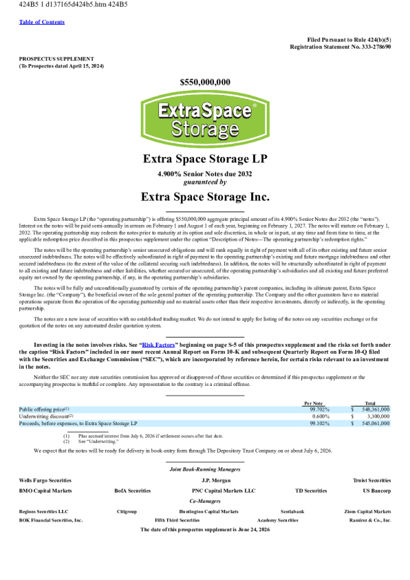 Extra Space Storage美股招股说明书(2026-06-25版)