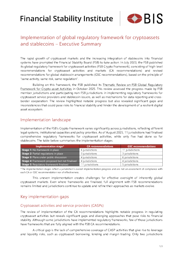 加密资产和稳定币全球监管框架的实施——执行摘要