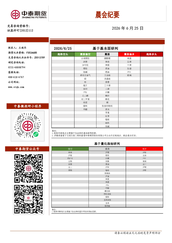 2026年6月25日中泰期货晨会纪要