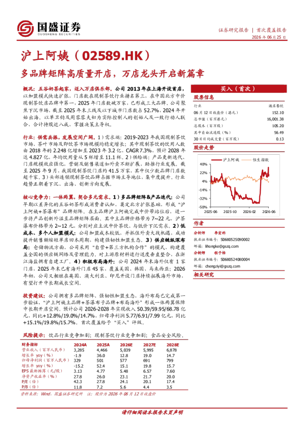 沪上阿姨(02589.HK)多品牌矩阵高质量开店，万店龙头开启新篇章