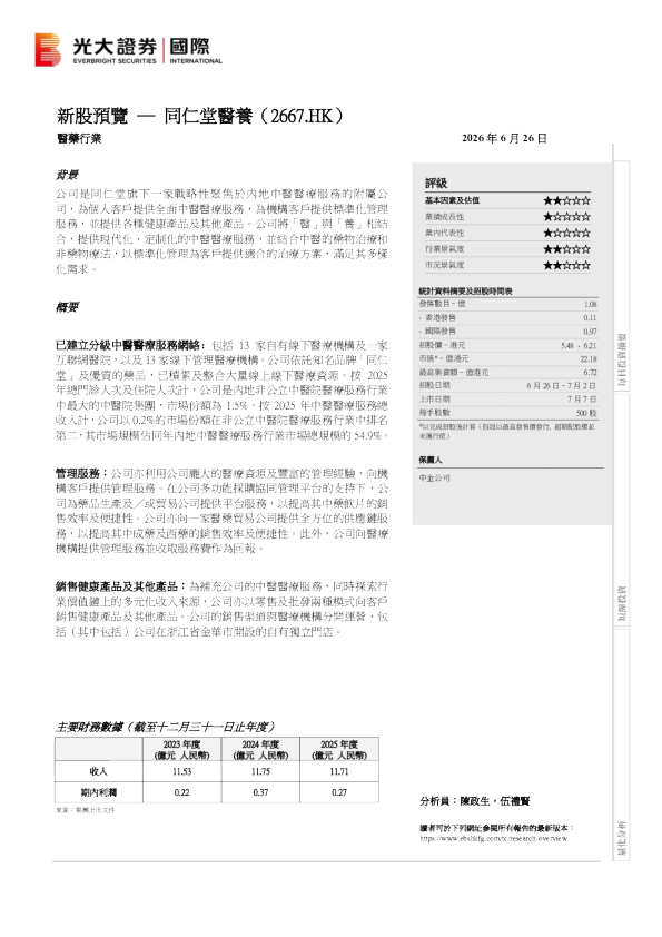 新股预览：同仁堂医养