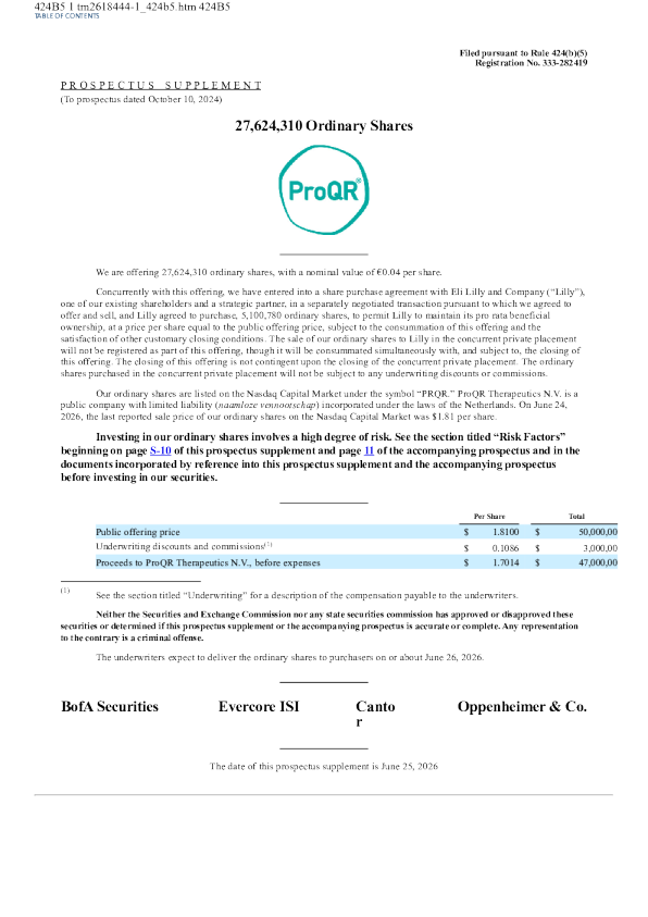 ProQR Therapeutics NV美股招股说明书(2026-06-26版)