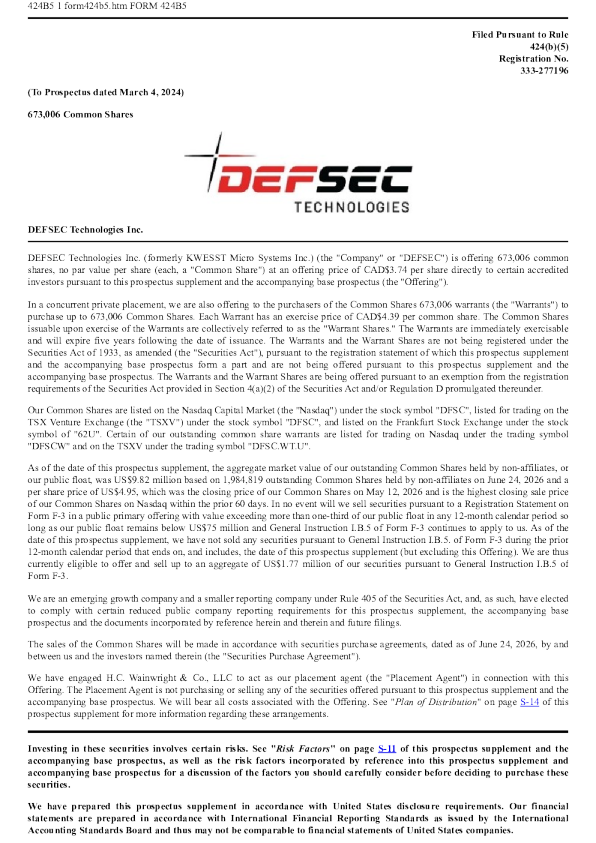 DEFSEC Technologies Inc. 美股招股说明书（2026年6月26日版）