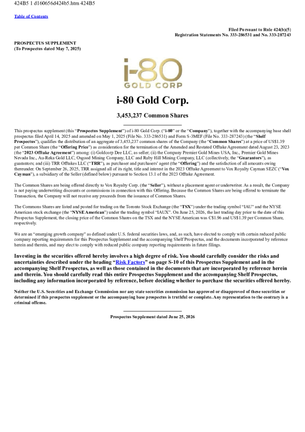 i-80 Gold Corp美国存托凭证招股说明书（2026年6月26日版）