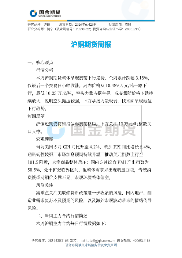 沪铜期货周报