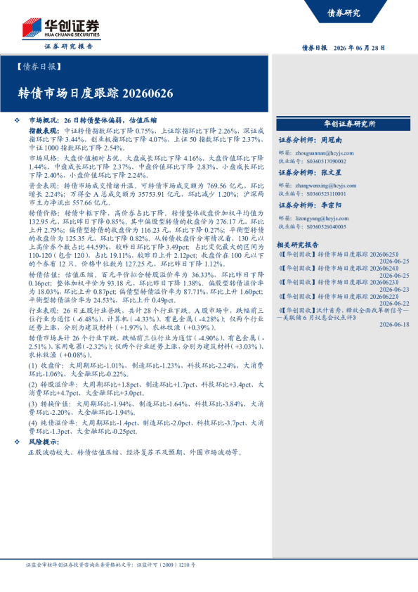 转债市场日度跟踪20260626