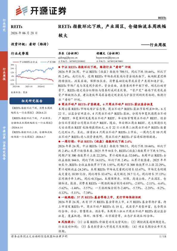 REITs行业周报：REITs指数环比下跌，产业园区、仓储物流本周跌幅较大