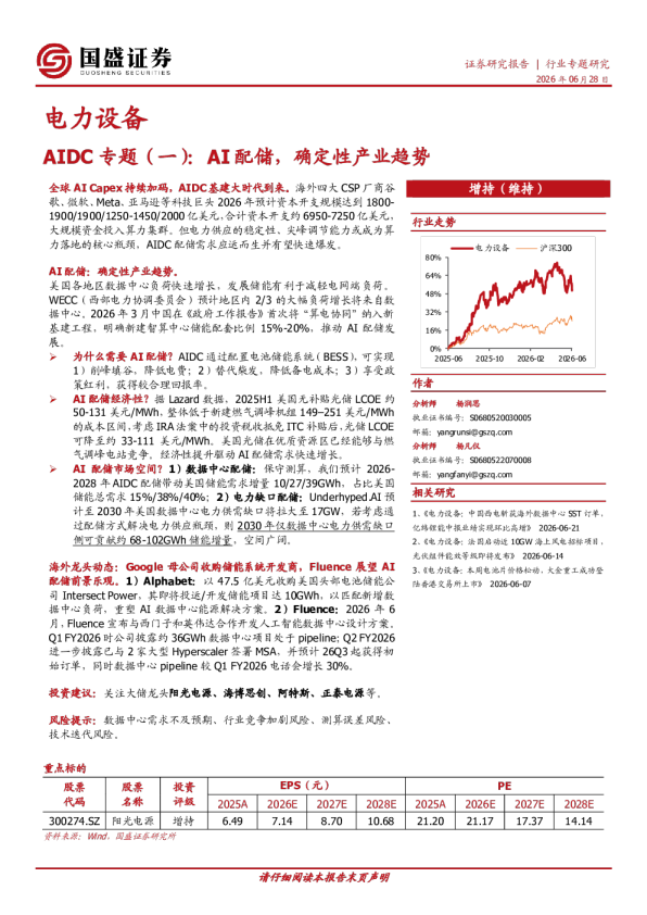 电力设备：AIDC专题（一）：AI配储，确定性产业趋势