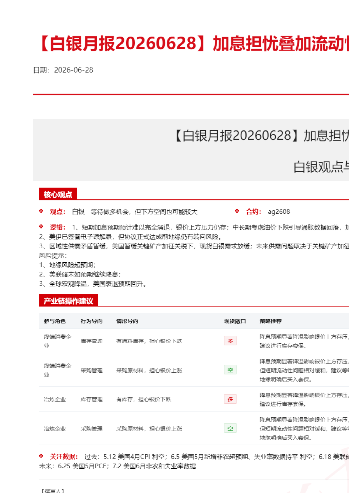 【白银月报20260628】加息担忧叠加流动性收缩，银价弱势下探