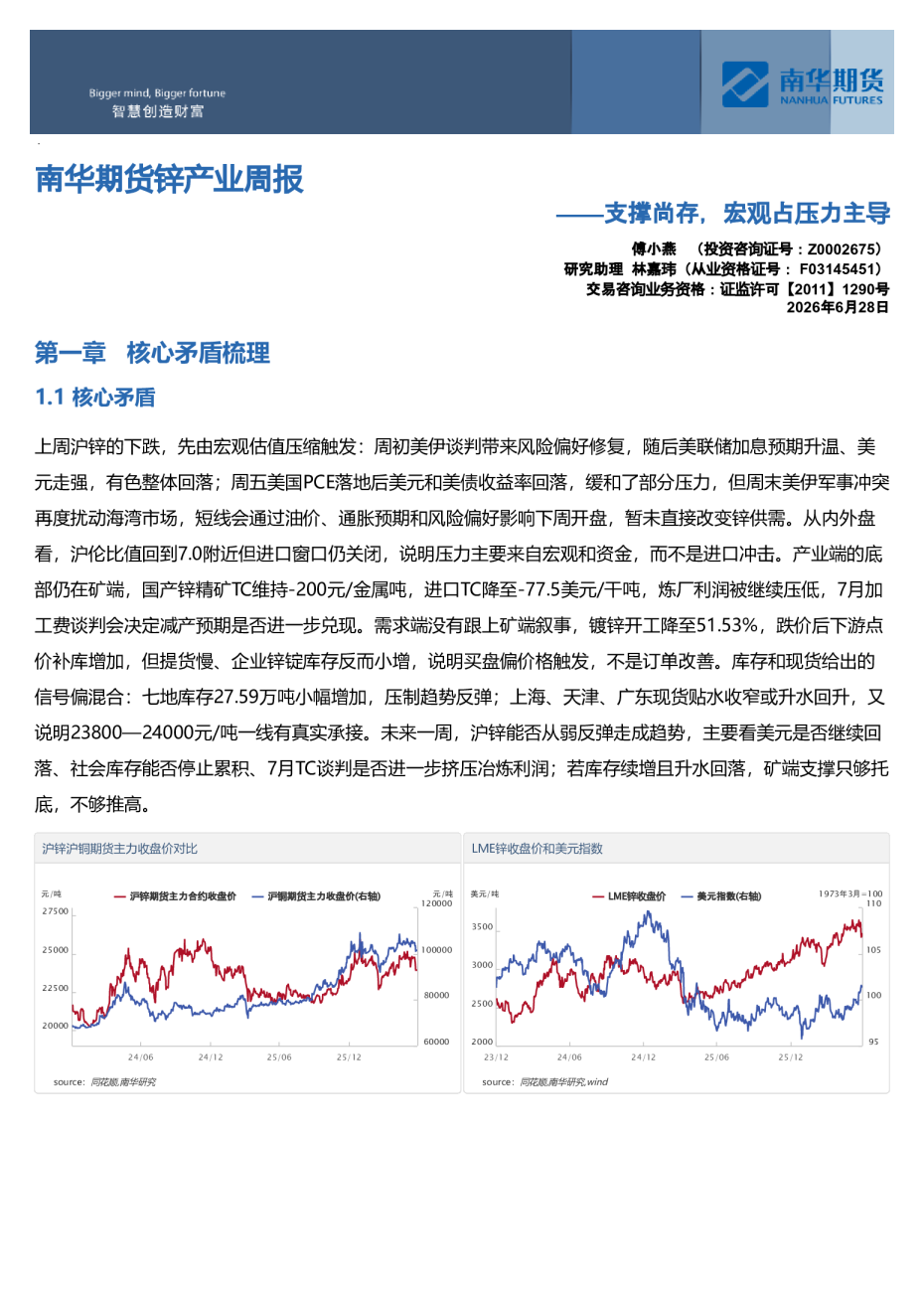 南华期货锌产业周报：支撑尚存，宏观占压力主导20260629