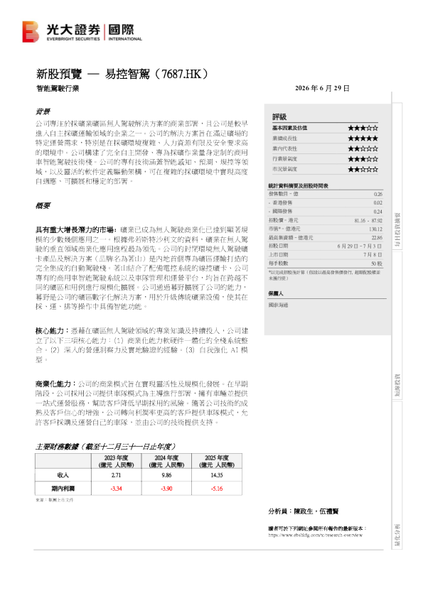 新股预览：易控智驾