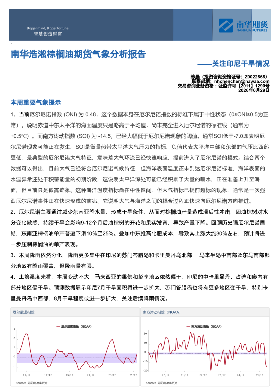 南华浩淞棕榈油期货气象分析报告：关注印尼干旱情况